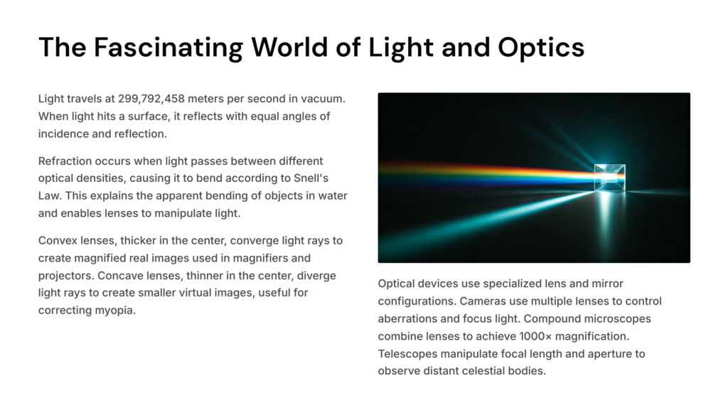 Light and Optics Worksheet - Questions and Answers 1 An educational infographic titled 'The Fascinating World of Light and Optics' detailing key principles of light behavior and optical technology.