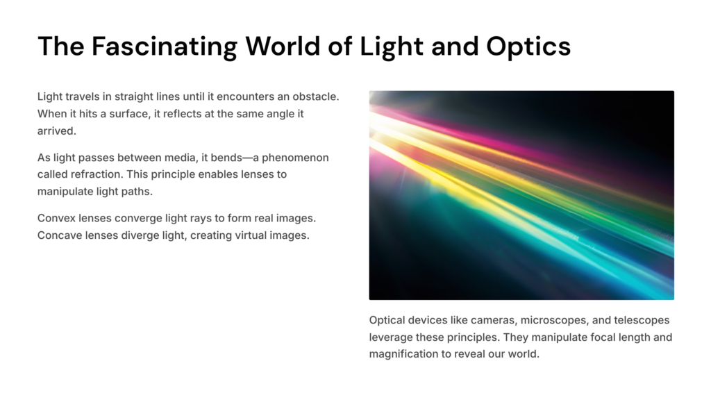 Light and Optics Worksheet (Set 2) - Short Answer Questions with Answers 1 An educational infographic titled 'The Fascinating World of Light and Optics' illustrating key optical principles.