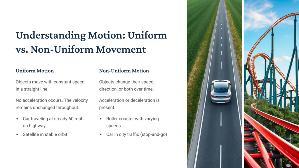 An educational diagram titled "Understanding Motion: Uniform vs. Non-Uniform Movement.