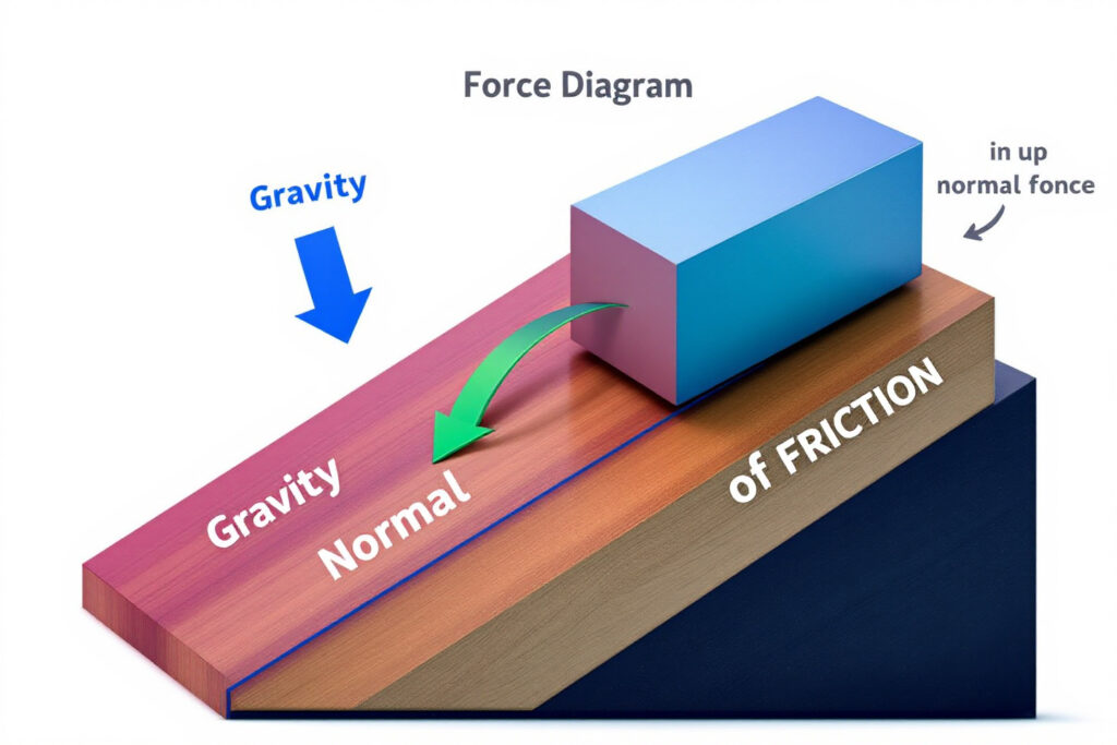 A force diagram illustrating basic physics concepts, including gravity, normal force, and friction.