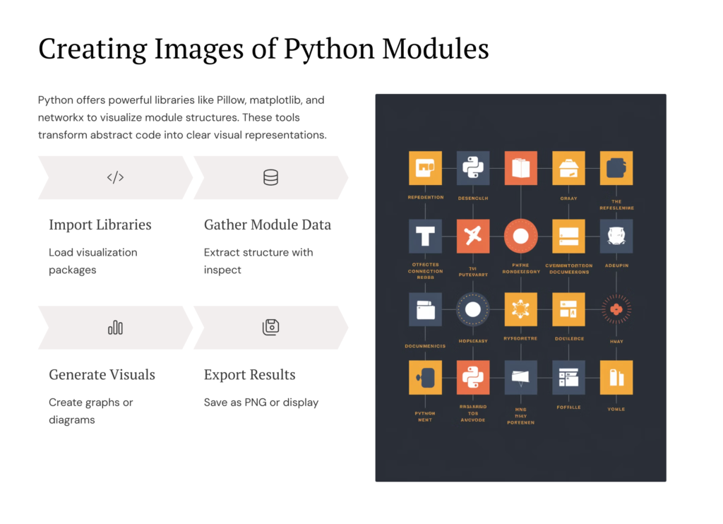 modules in python 1 An infographic titled 'Creating Images of Python Modules' illustrating the process of visualizing Python module structures.