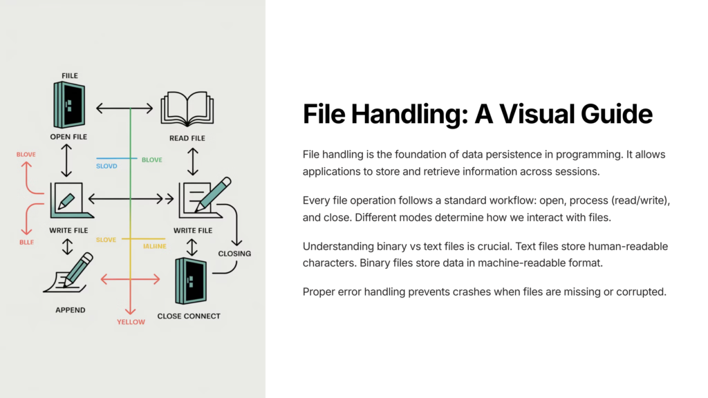 File handling 1 An infographic titled 'File Handling: A Visual Guide' illustrating the fundamentals of file operations in programming.