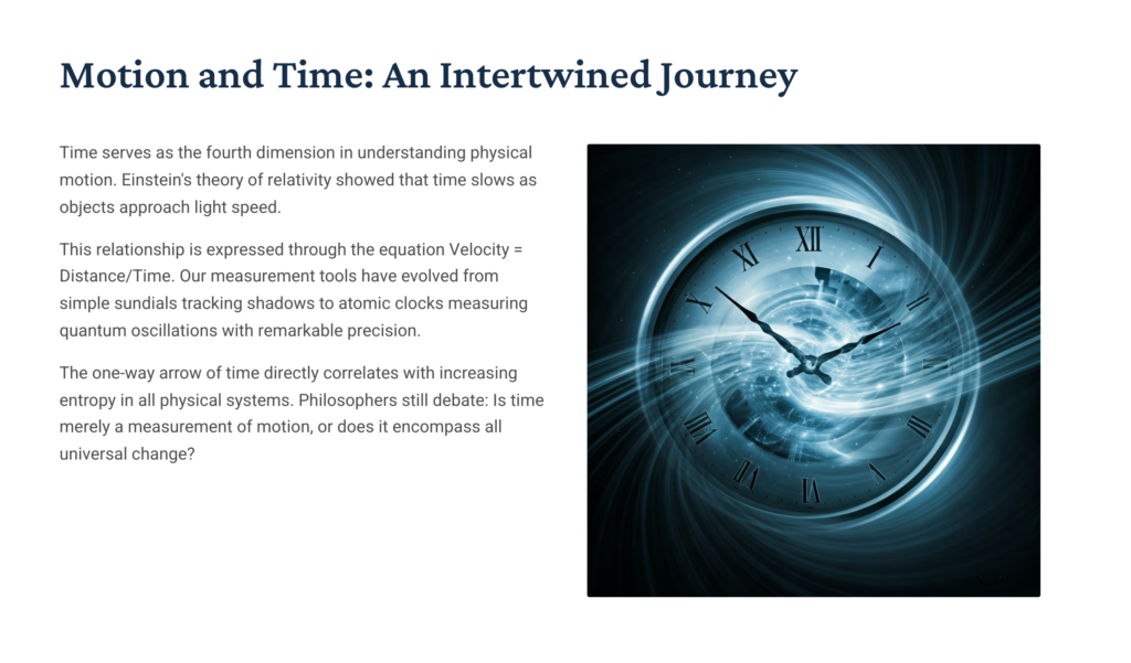 A conceptual infographic titled 'Motion and Time: An Intertwined Journey' illustrating the relationship between motion and time in physics.