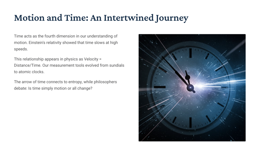 A conceptual infographic titled 'Motion and Time: An Intertwined Journey' illustrating the relationship between motion, time, and physics.