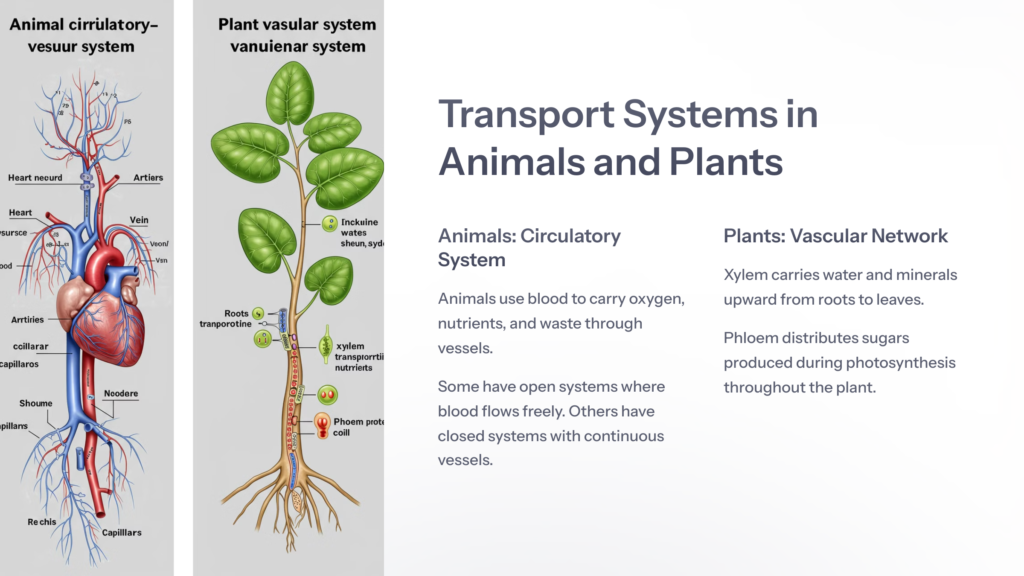 A comparative biology diagram titled 'Transport Systems in Animals and Plants' showing parallel circulatory/vascular systems.