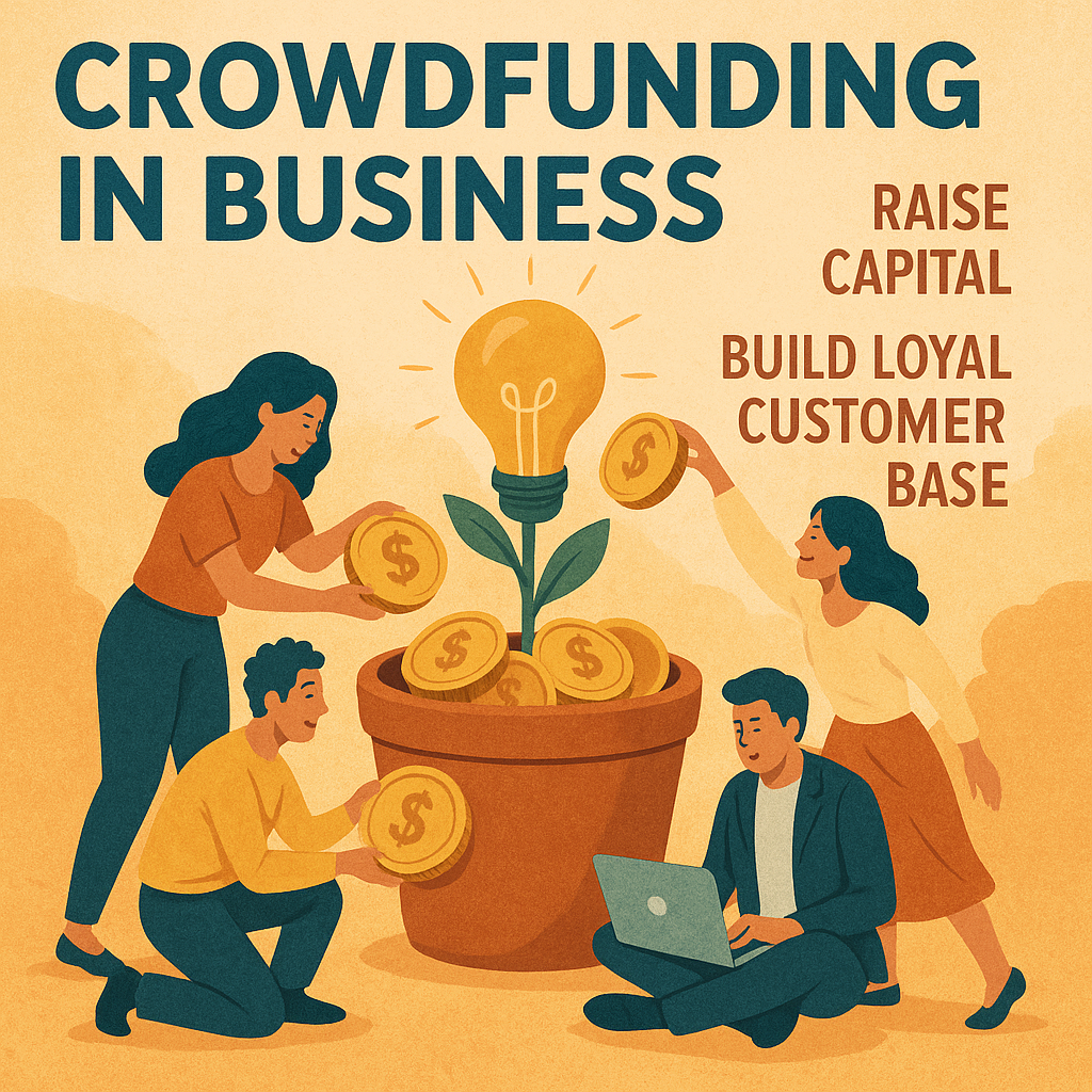 "Artistic illustration of people contributing coins into a pot with a growing lightbulb plant, symbolizing crowdfunding in business."