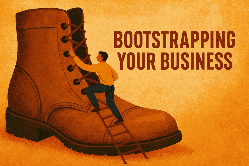 "Artistic illustration of a person climbing a giant boot with the title 'Bootstrapping Your Business,' symbolizing self-funded startup growth."