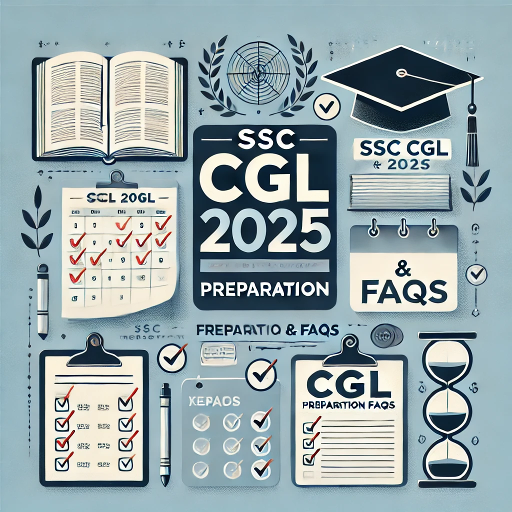 Illustration featuring SSC CGL 2025 Preparation and FAQs with educational icons like books, a calendar, checklist clipboard, and graduation cap on a soft blue background.
