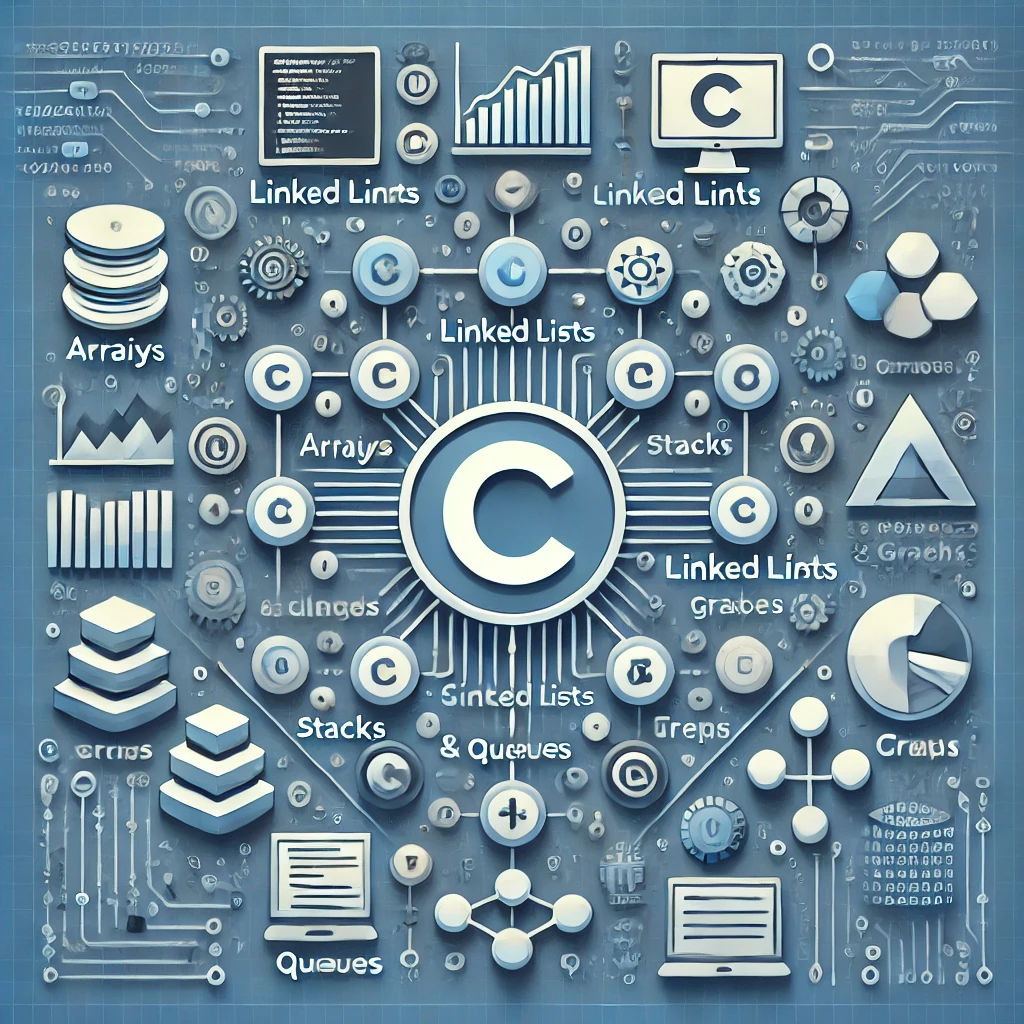 "Visual representation of data structures in C programming including arrays, stacks, queues, linked lists, graphs, and trees"