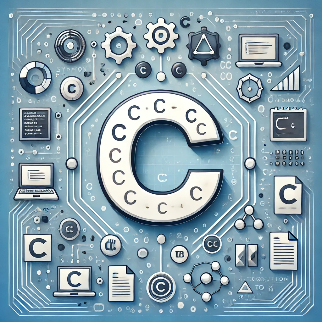 "Illustration representing the C programming language with a large 'C' and coding-related icons"