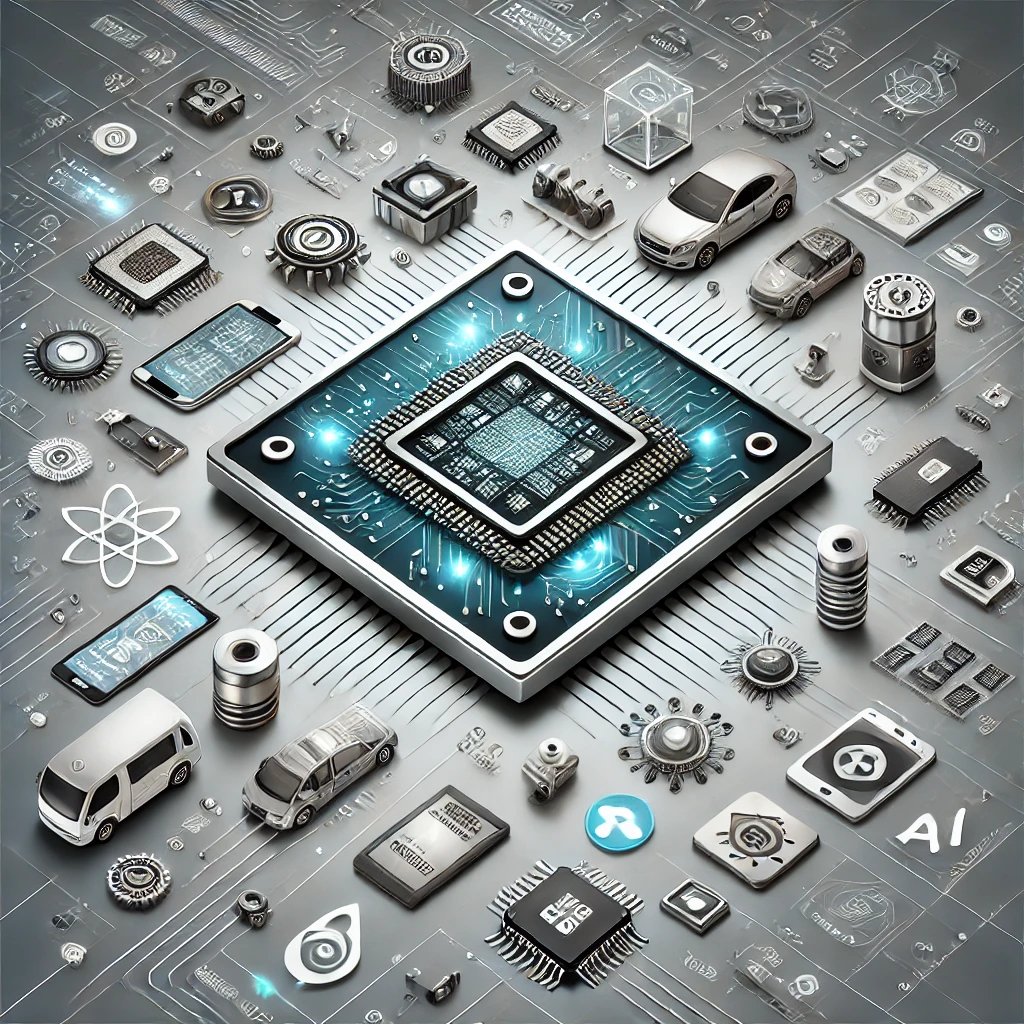 Illustration of semiconductors in chip making with a silicon wafer and modern electronic devices.