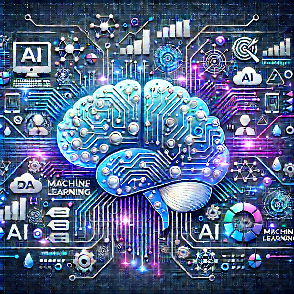 "Illustration of machine learning with a digital brain, circuits, and data elements"