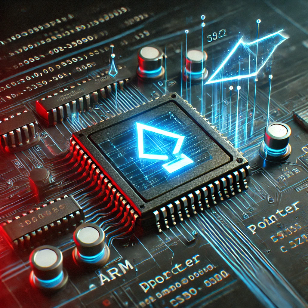 "Studio-style illustration of ARM pointers in C with microcontroller, code, and memory visuals"