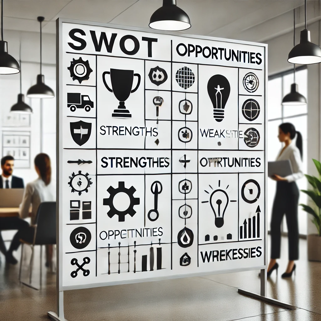 "Illustration of SWOT analysis matrix in a professional setting with labeled quadrants and icons"