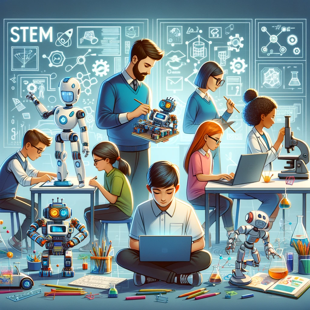 Diverse students engaged in STEM education activities in a modern classroom setting.