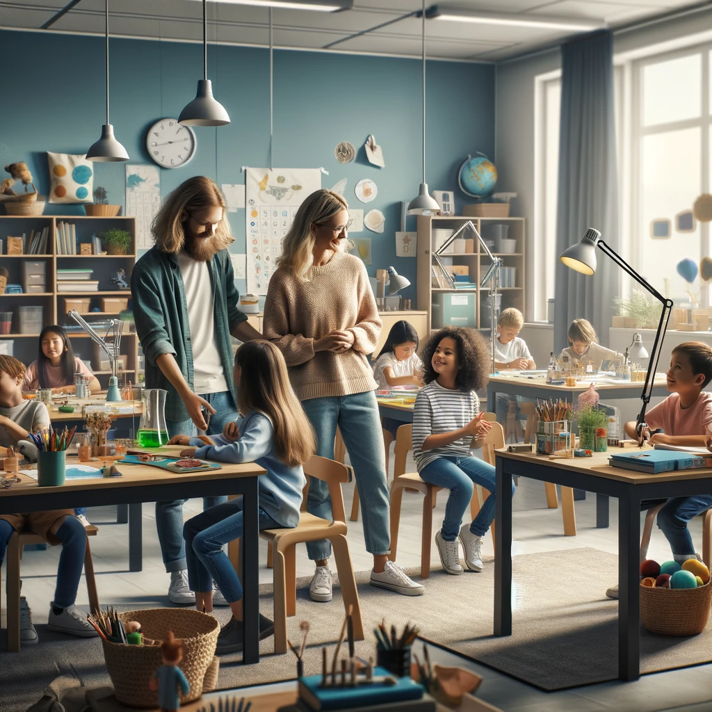 Modern Finnish classroom with students engaged in creative and academic activities.