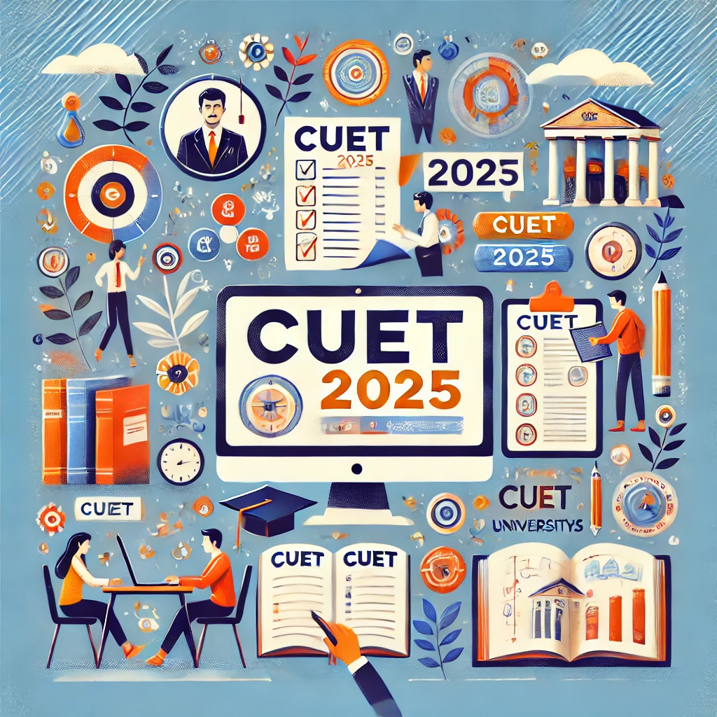 CUET 2025 exam illustration with students, books, and university symbols