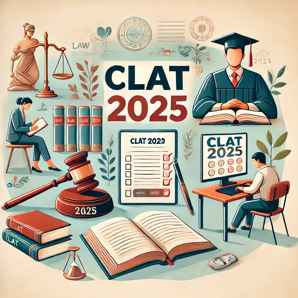 CLAT 2025 law entrance exam illustration with books, gavel, scales of justice, and students studying