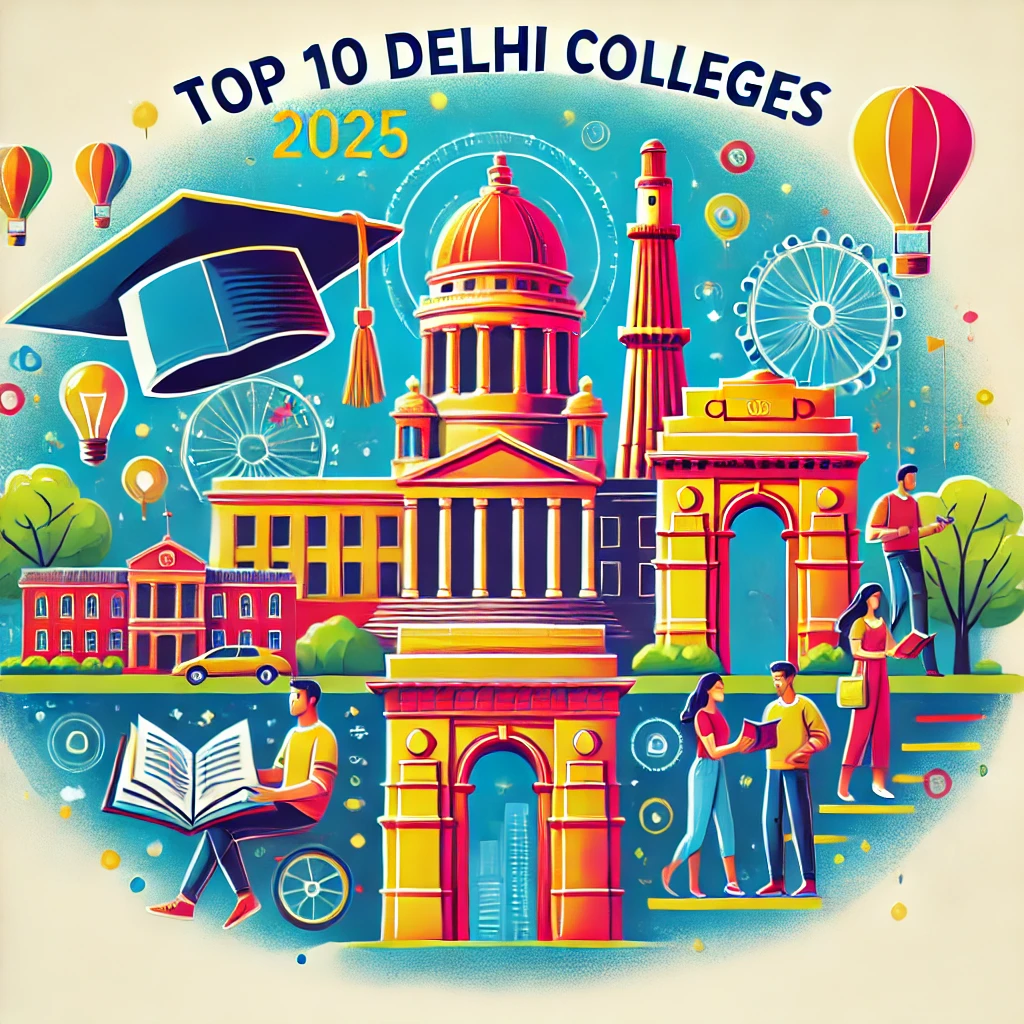 Illustration of top Delhi colleges with India Gate, students, books, and graduation caps labeled 'Top 10 Delhi Colleges 2025'