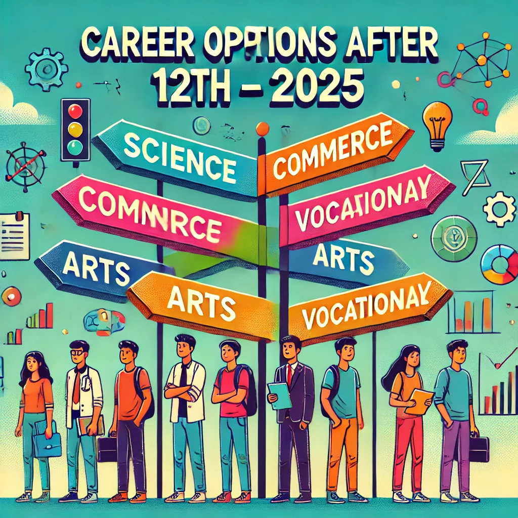 Students at crossroads with career stream signboards labeled Science, Commerce, Arts, Vocational, and Tech for 2025