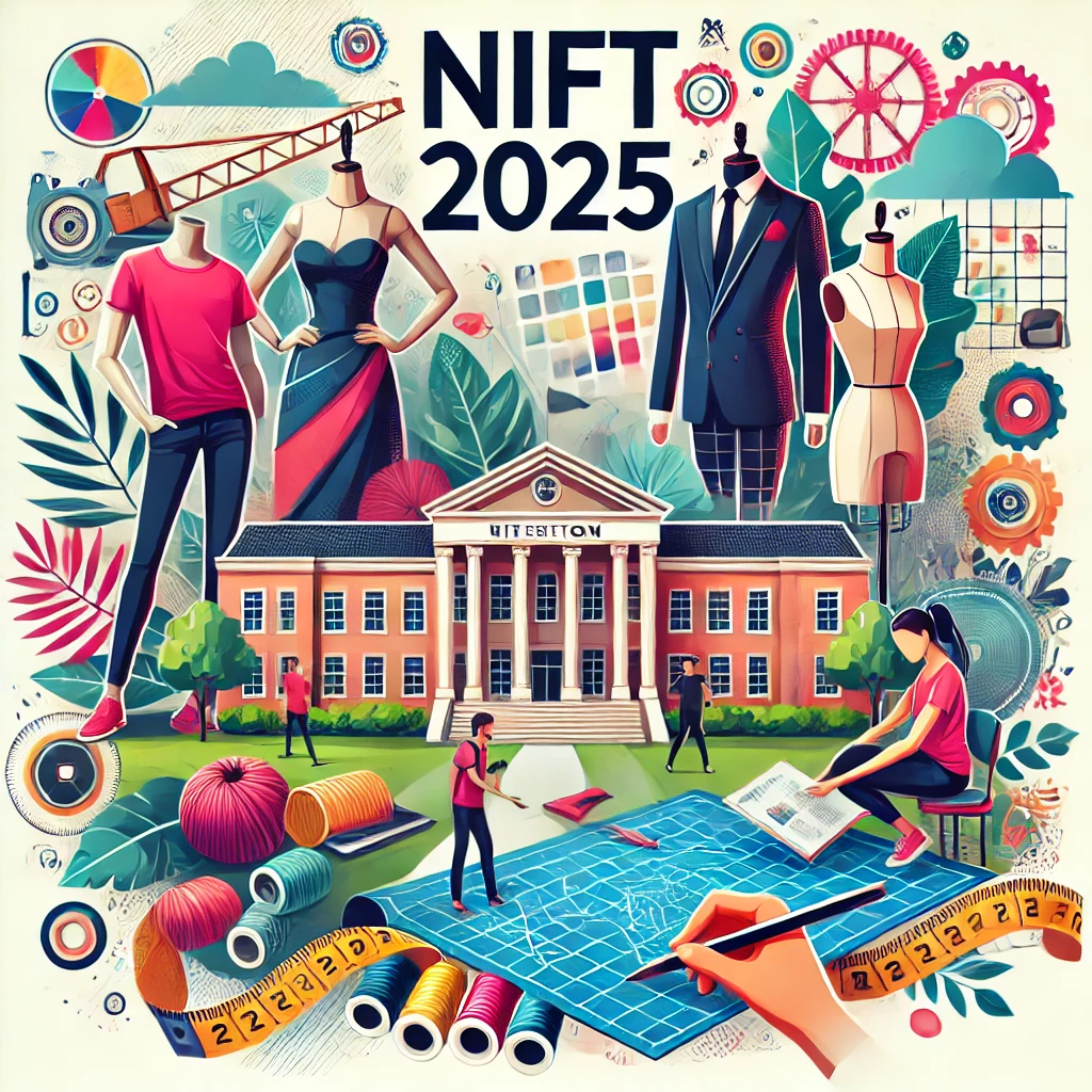 Illustration of NIFT 2025 with fashion students sketching, design tools, mannequins, and campus backdrop