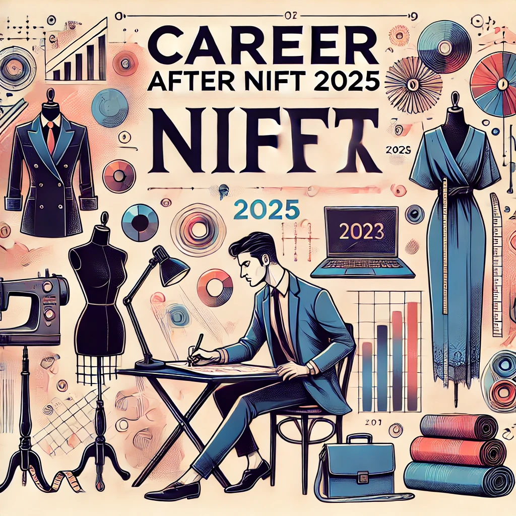 Fashion career illustration with designer sketching, mannequins, textile patterns, laptops, and business charts labeled 'Career After NIFT 2025'