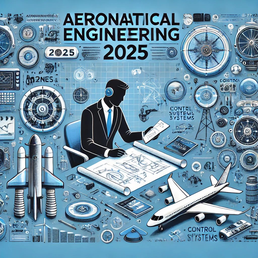 Engineer with aircraft blueprints, jet engines, drones, and aviation tools labeled 'Aeronautical Engineering 2025'