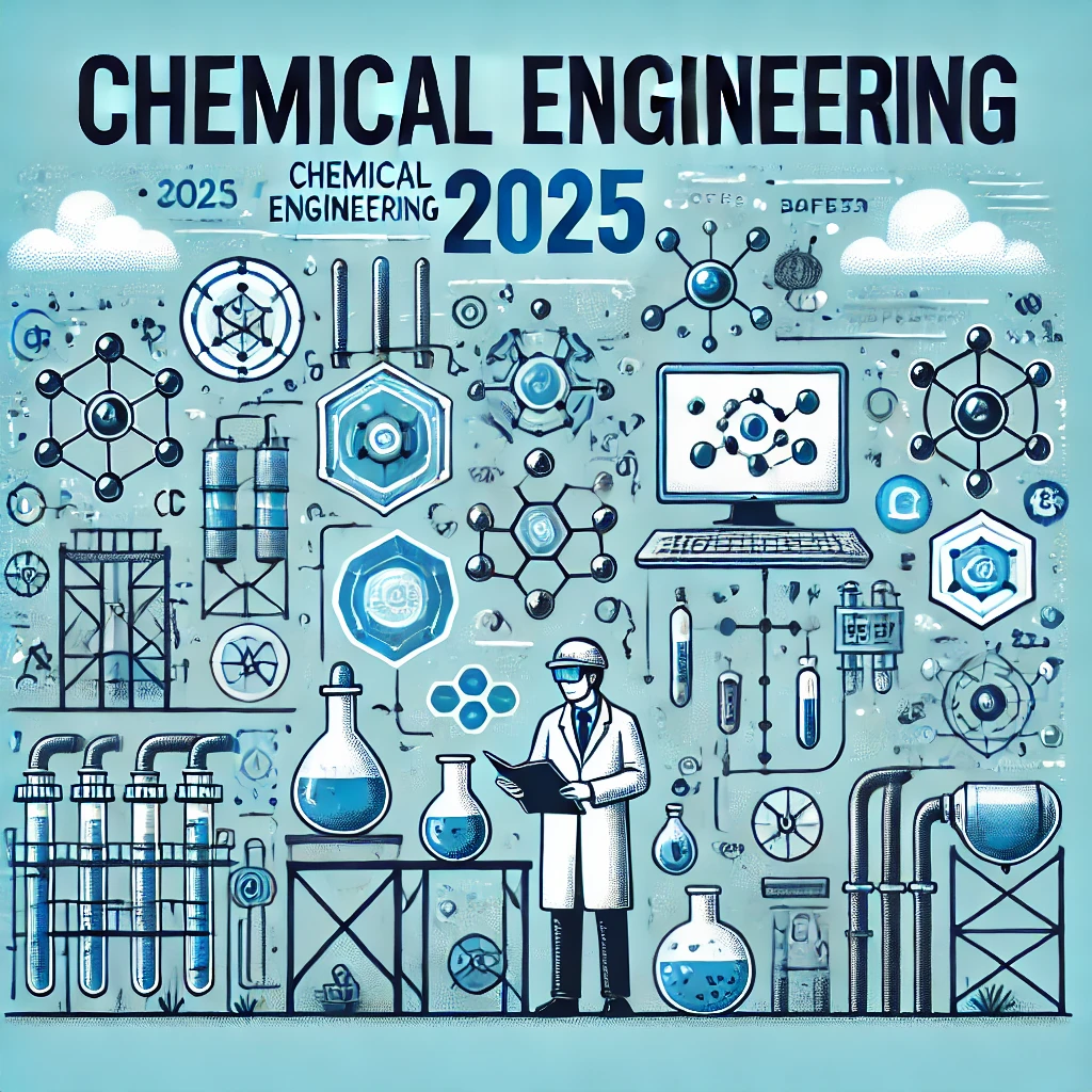 Chemical engineer with lab equipment, pipelines, reactors, and eco-tech elements labeled 'Chemical Engineering 2025'