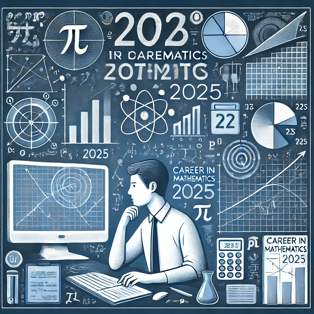 Student solving equations with math symbols, data charts, and code in an educational setting labeled 'Career in Mathematics 2025'