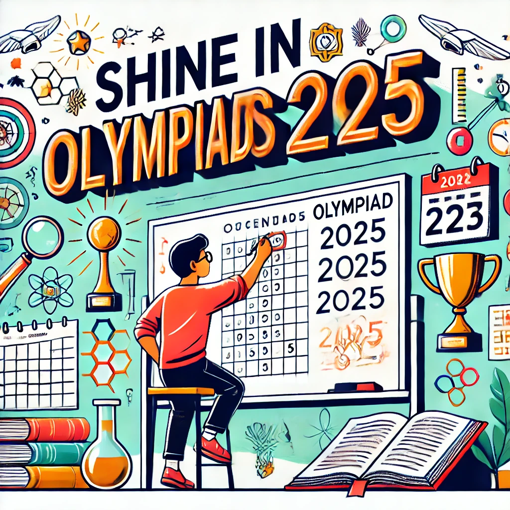 Student solving Olympiad problems on whiteboard with math and science symbols, books, and a trophy labeled 'Shine in Olympiads 2025'