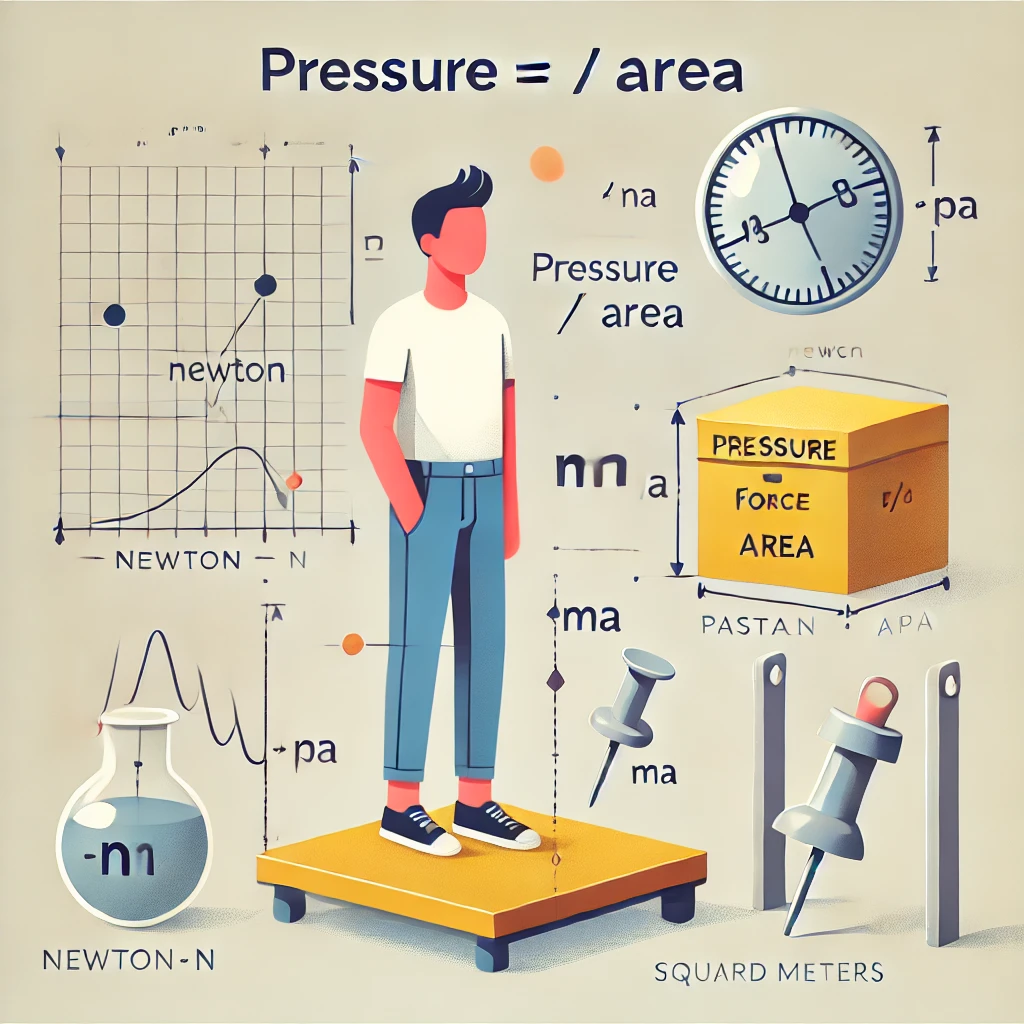 Infographic showing Pressure = Force / Area formula with examples including a person standing, a box on a platform, and a drawing pin.