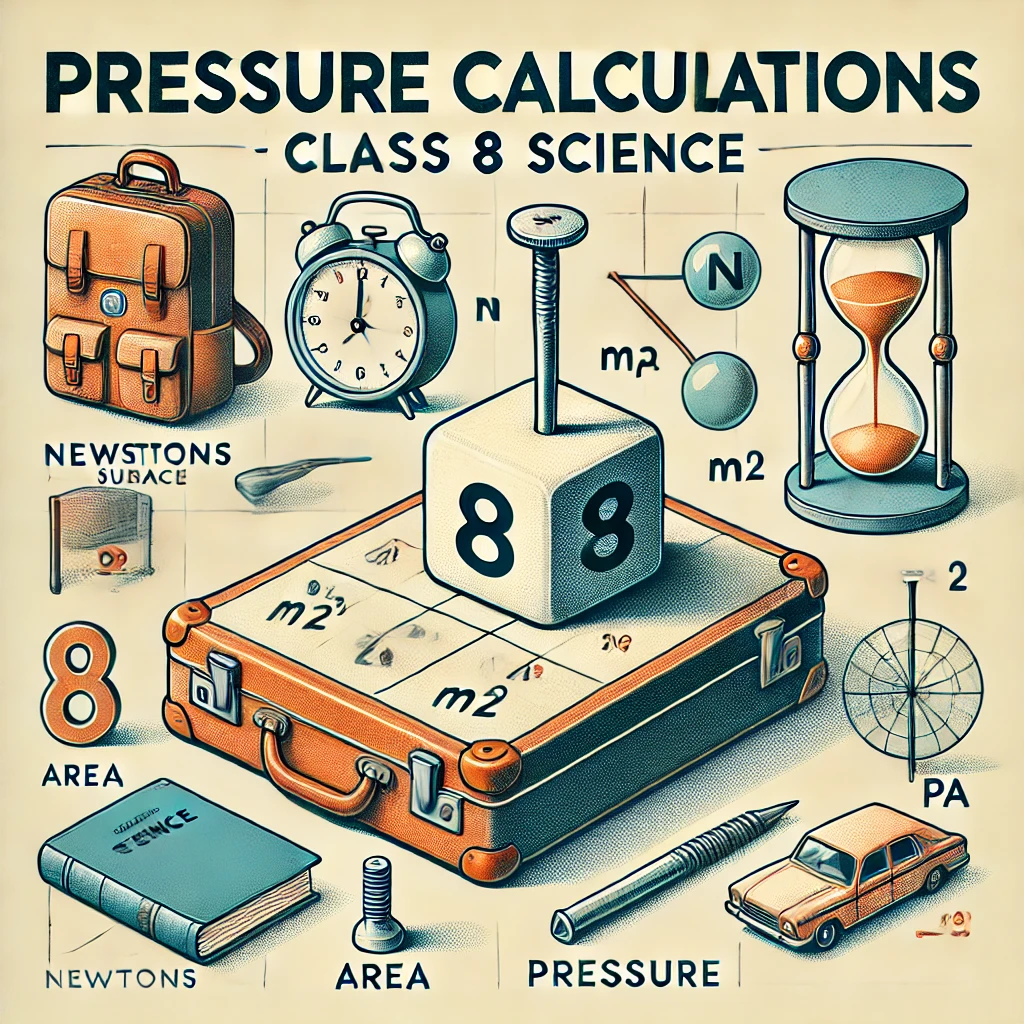 Illustration of pressure calculation concepts with block, suitcase, nail, and book visuals labeled 'Pressure Calculations - Class 8 Science'