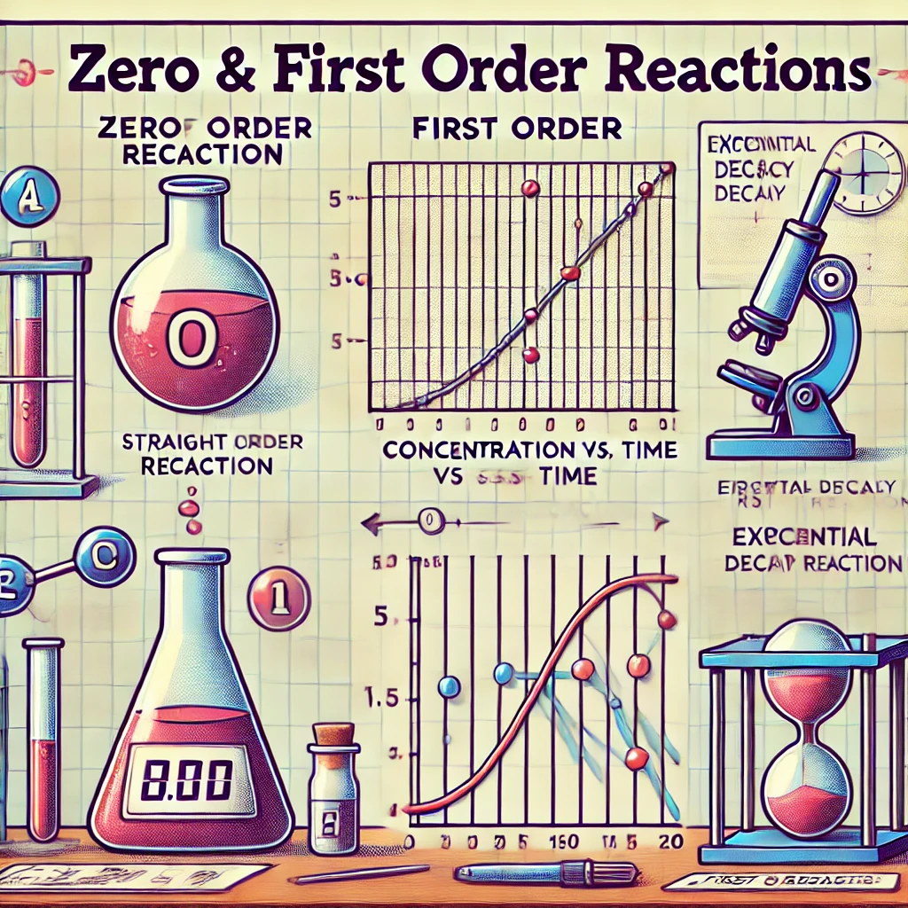 Graphs illustrating zero and first order reactions with lab equipment visuals"