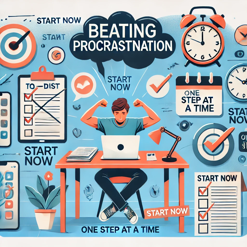 "Illustration of a person overcoming procrastination at a desk with motivational cues"