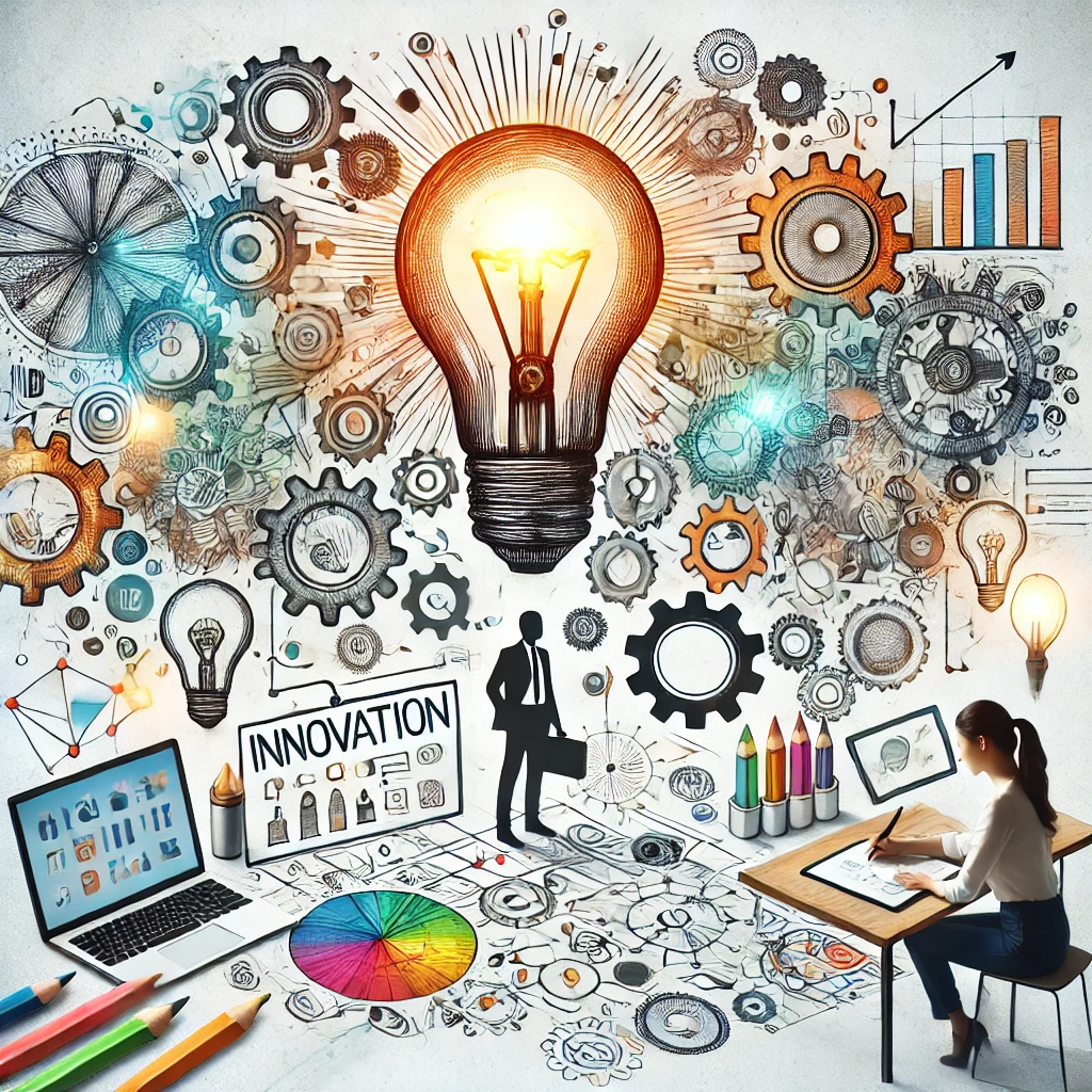 "Illustration of people brainstorming in a modern workspace with innovation symbols like lightbulbs and gears"