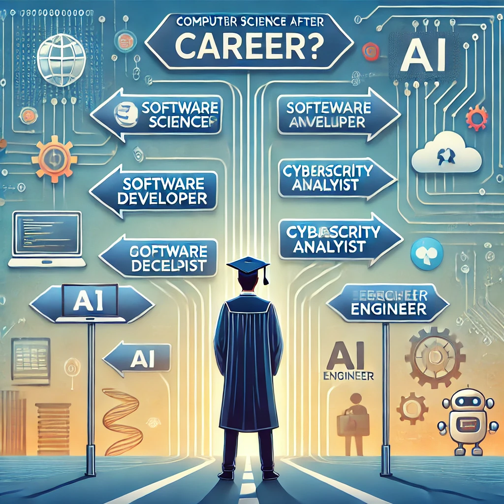 Computer science graduate at a crossroads choosing between career paths like software developer, data scientist, AI engineer, and cybersecurity analyst