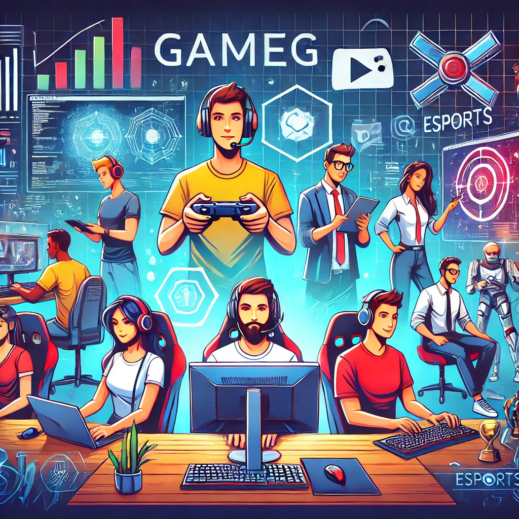 Diverse professionals working in various gaming careers such as game design, development, streaming, and esports in a tech-savvy setup