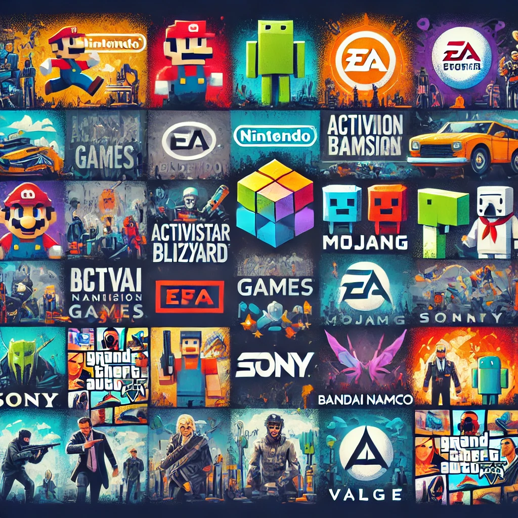 Colorful illustration featuring symbols and game scenes from top video game companies like Nintendo, Rockstar, Activision, EA, Mojang, and Sony