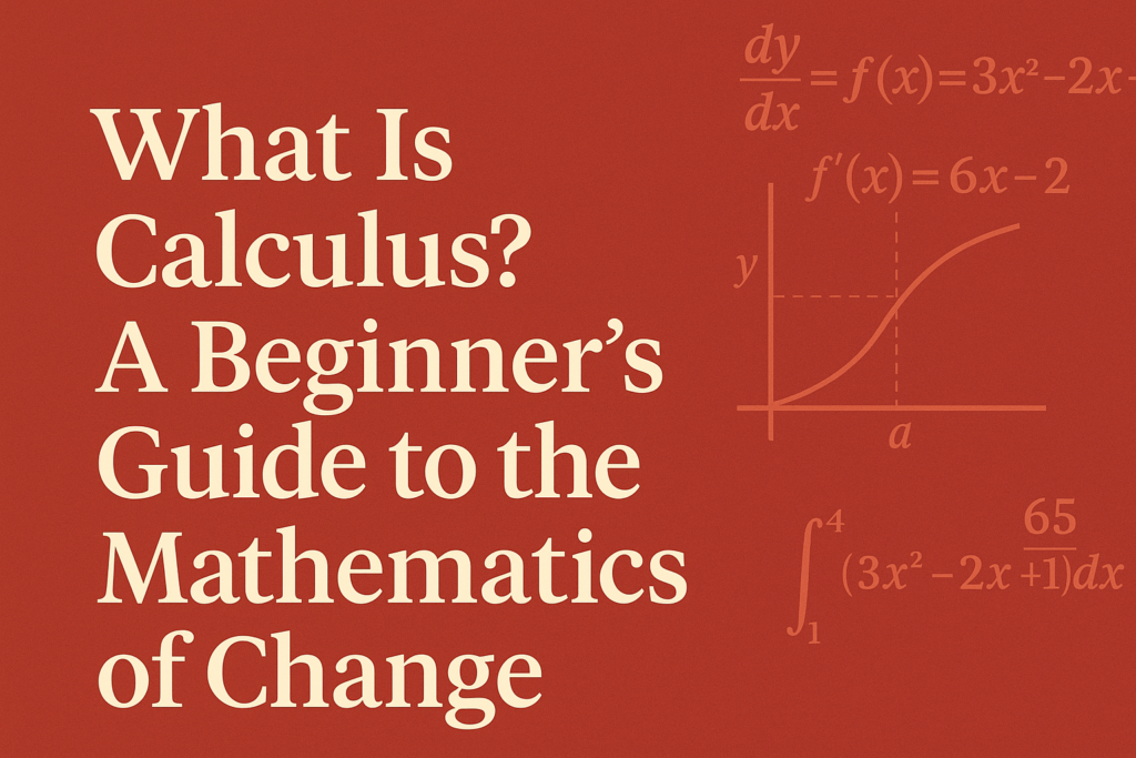 Title image for a calculus blog post with mathematical equations and graph on a red background.