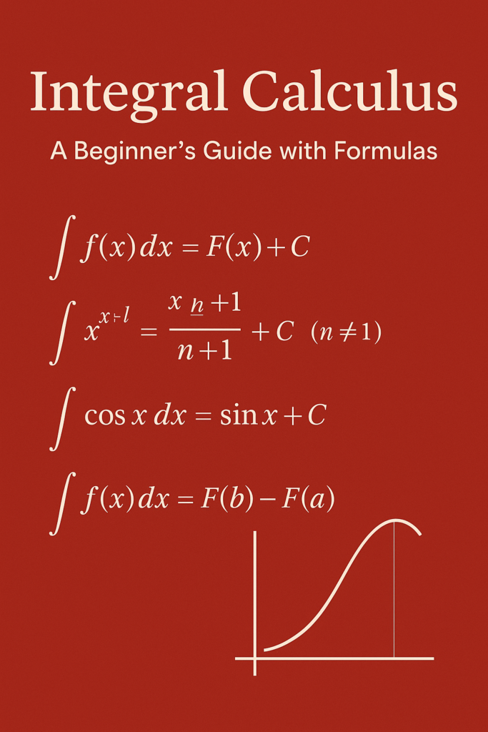 Integral calculus infographic with title, key integration formulas, and a graph on a red background