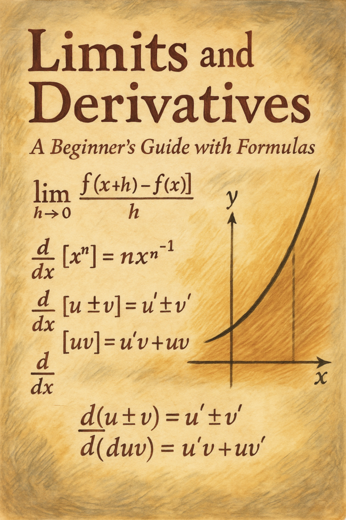 Artistic illustration of limits and derivatives with hand-drawn formulas and graph on a textured paper background.
