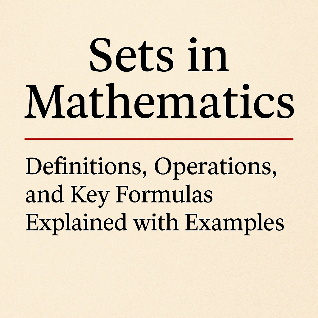 Educational graphic titled 'Sets in Mathematics' with subtitle 'Definitions, Operations, and Key Formulas Explained with Examples' on a beige background."