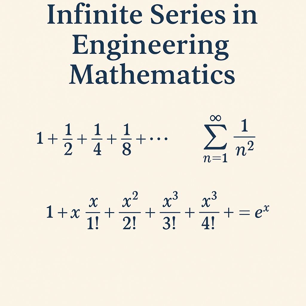Mathematical formulas illustrating infinite series concepts in engineering mathematics, including geometric, p-series, and exponential series.