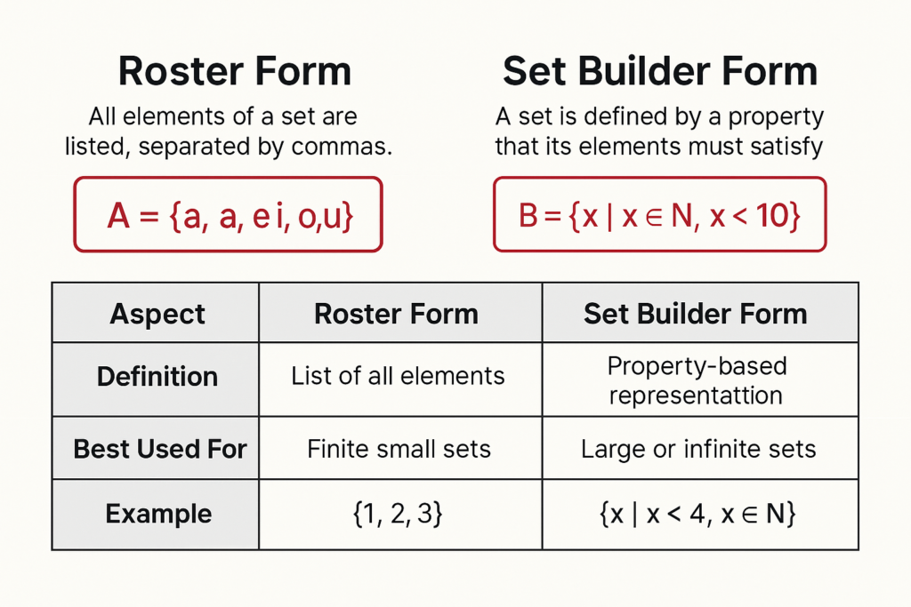 "Comparison chart of Set Builder Form and Roster Form with definitions, examples, and best use cases in set theory."