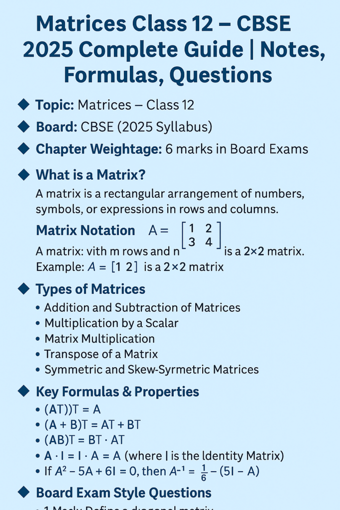 "CBSE Class 12 Matrices 2025 Guide covering matrix definition, types, operations, formulas, and exam-style questions in a structured blue infographic."