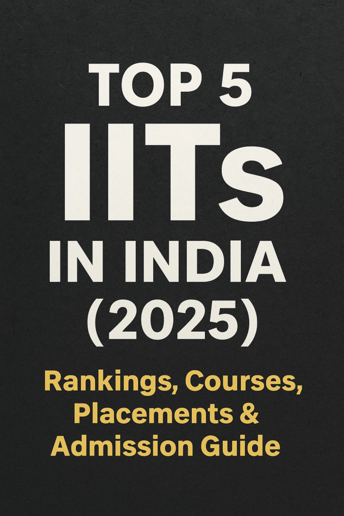 Alt Text: Top 5 IITs in India (2025) – Rankings, Courses, Placements & Admission Guide on a dark textured background
