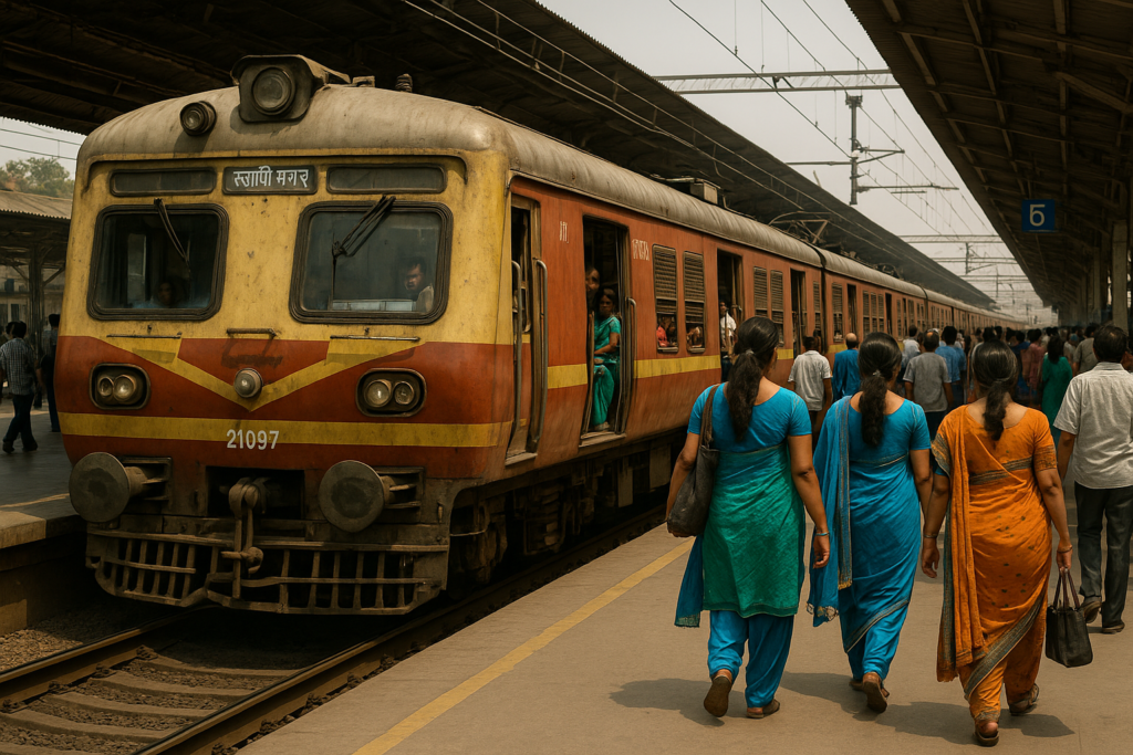 A busy Indian railway station platform with a red and yellow local train, passengers boarding and walking, showcasing daily public transport in India.