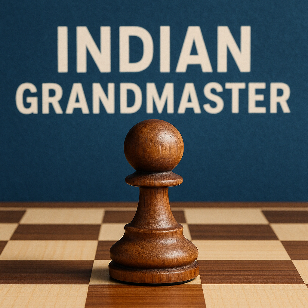 A wooden chess pawn on a brown and beige checkered board with the bold text "INDIAN GRANDMASTER" in the background, symbolizing the rise of Indian chess talent.