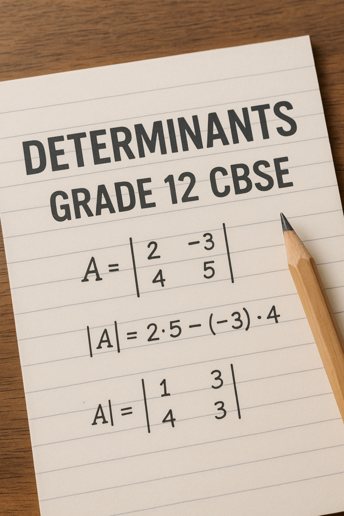 A neatly written math page showing determinant formulas and calculations for Grade 12 CBSE students with a sharpened pencil on a wooden desk.