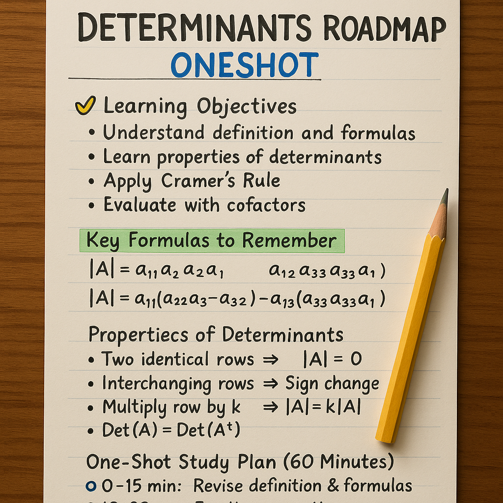 Handwritten one-shot roadmap on determinants for CBSE Class 12 with key formulas, properties, and a 60-minute study plan on a wooden desk with a yellow pencil.
